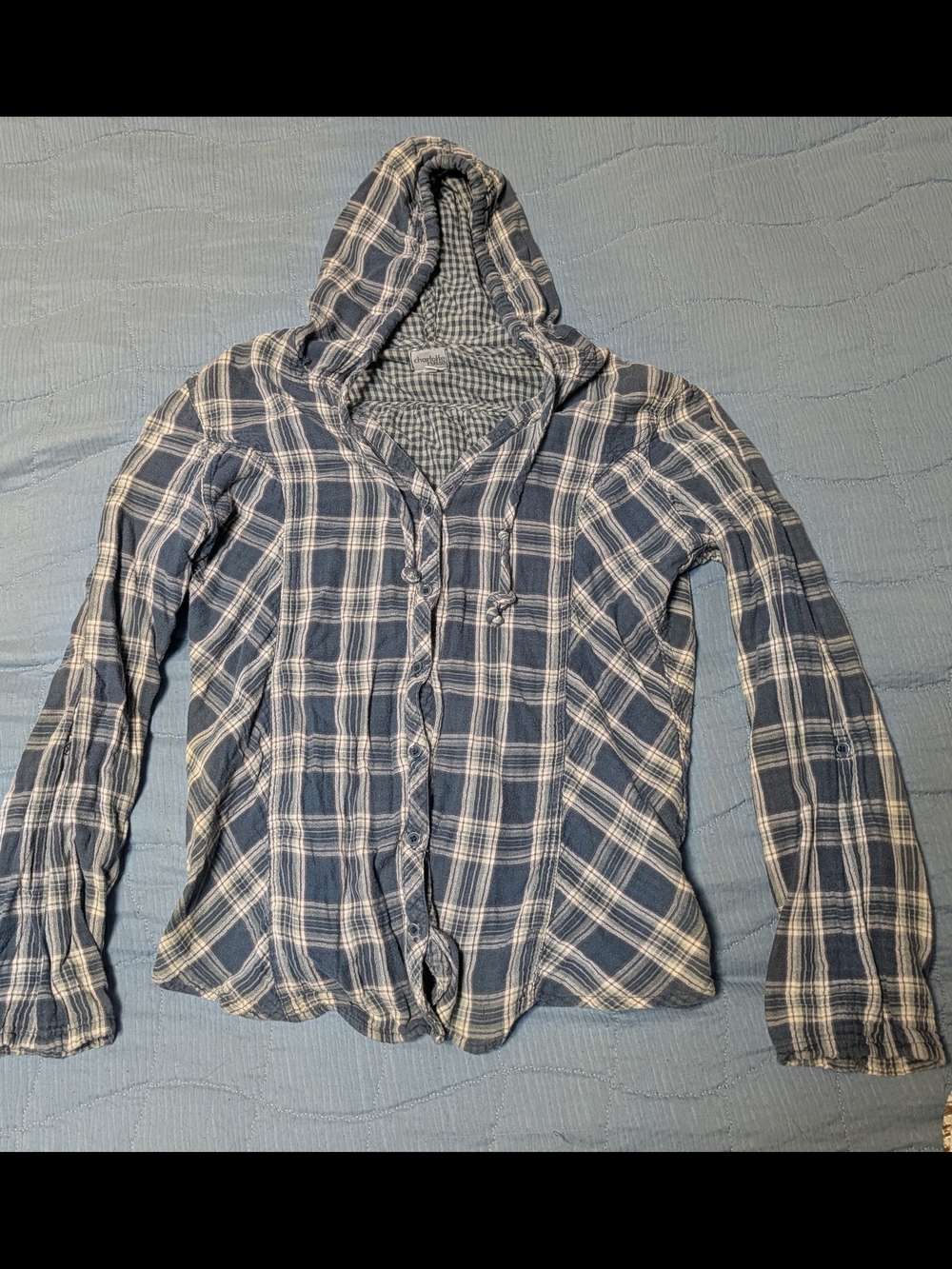 Vintage Charlotte Russe Blue and White Plaid Hooded Button-Down Shirt